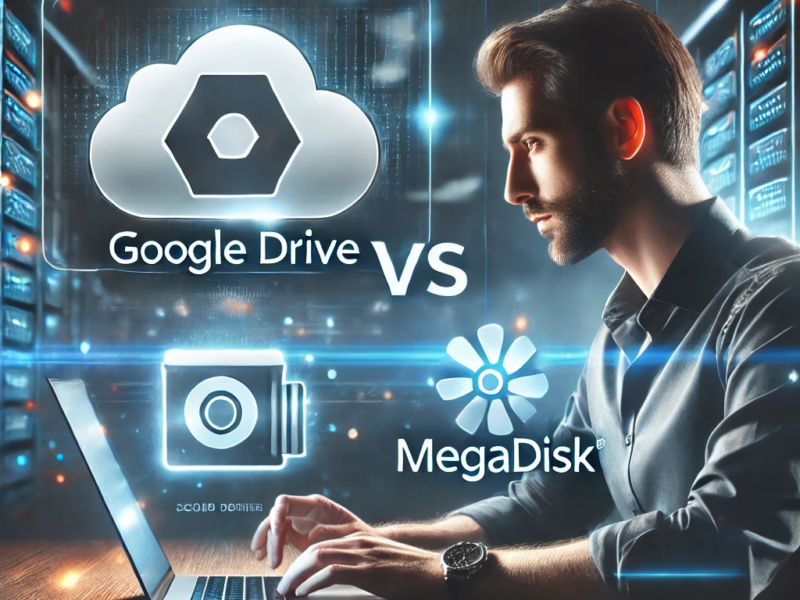 A futuristic digital illustration of a man using a laptop, comparing Google Drive vs Megadisk. The image highlights cloud storage options with glowing icons, emphasizing MEGADISK as a superior choice. A high-tech background represents secure and efficient cloud storage solutions