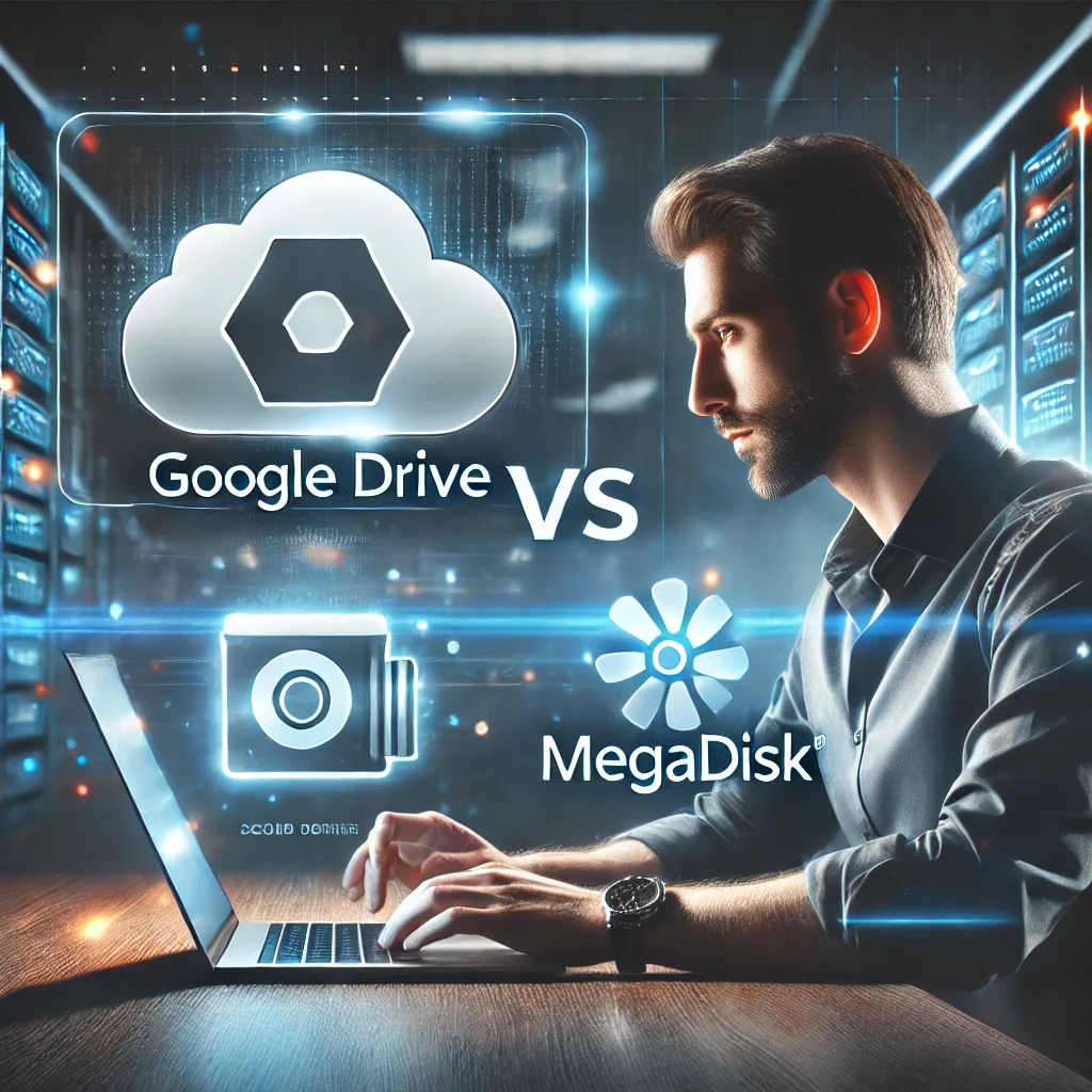 A futuristic digital illustration of a man using a laptop, comparing Google Drive vs Megadisk. The image highlights cloud storage options with glowing icons, emphasizing MEGADISK as a superior choice. A high-tech background represents secure and efficient cloud storage solutions